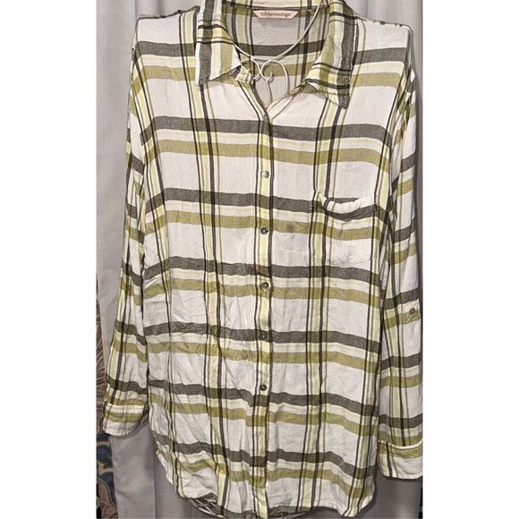 Good CONDITION WOMEN Soft Surroundings Green Brown Plaid Rayon Flannel Hi Lo Shi - Picture 1 of 8
